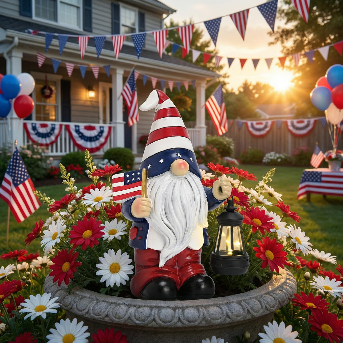 Teresa's Collections gnome with lit solar lantern at dusk for outdoor ambiance