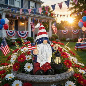 Teresa's Collections gnome with lit solar lantern at dusk for outdoor ambiance