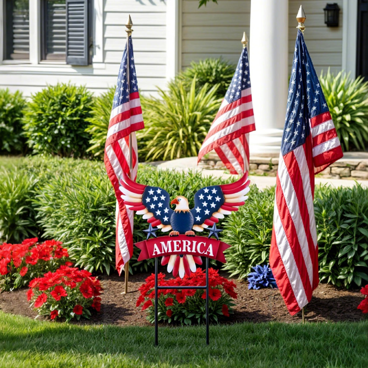 TERESA'S COLLECTIONS garden entrance décor creates a patriotic focal point