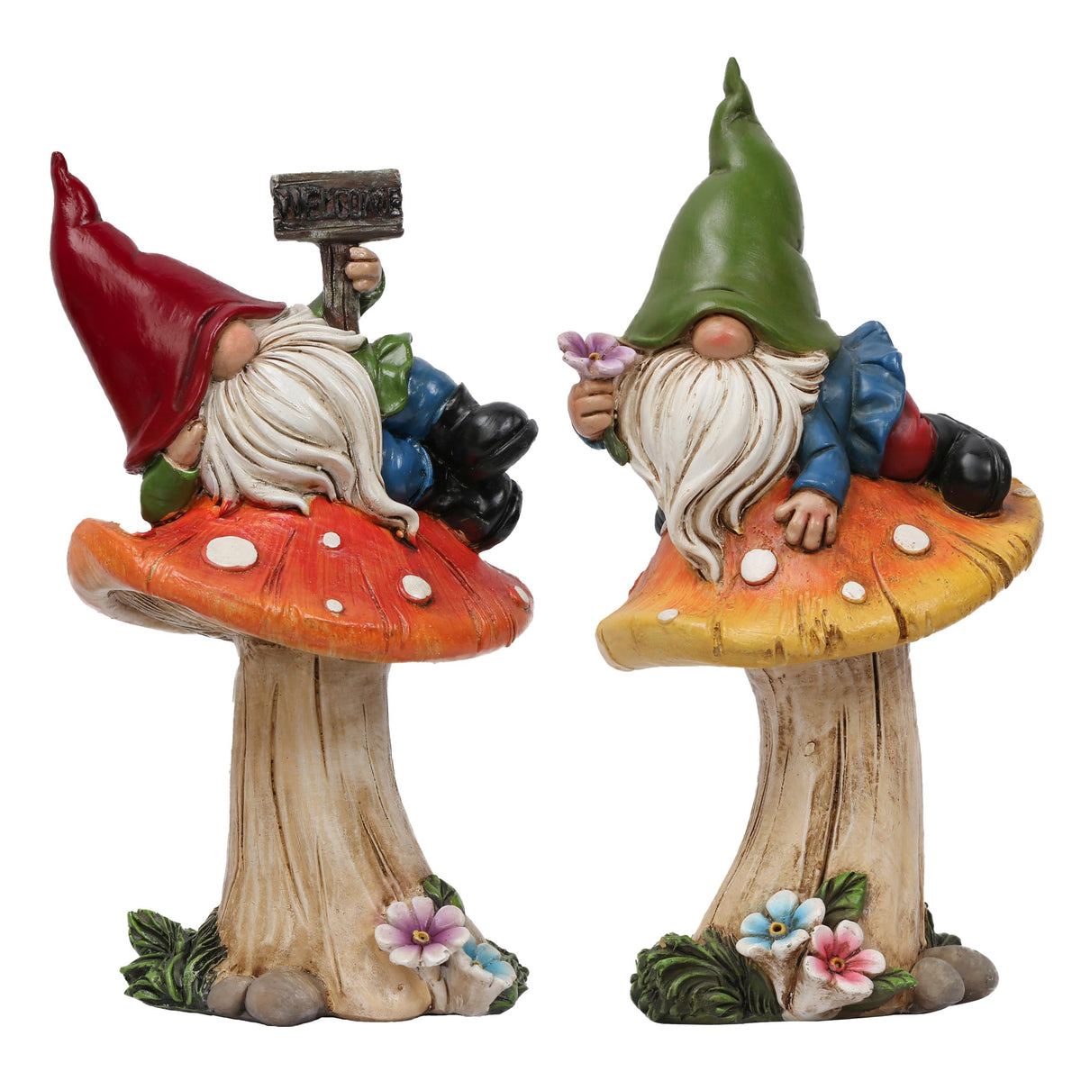 TERESA'S COLLECTIONS garden gnomes on mushroom set of 2 for outdoor yards, welcoming guests.