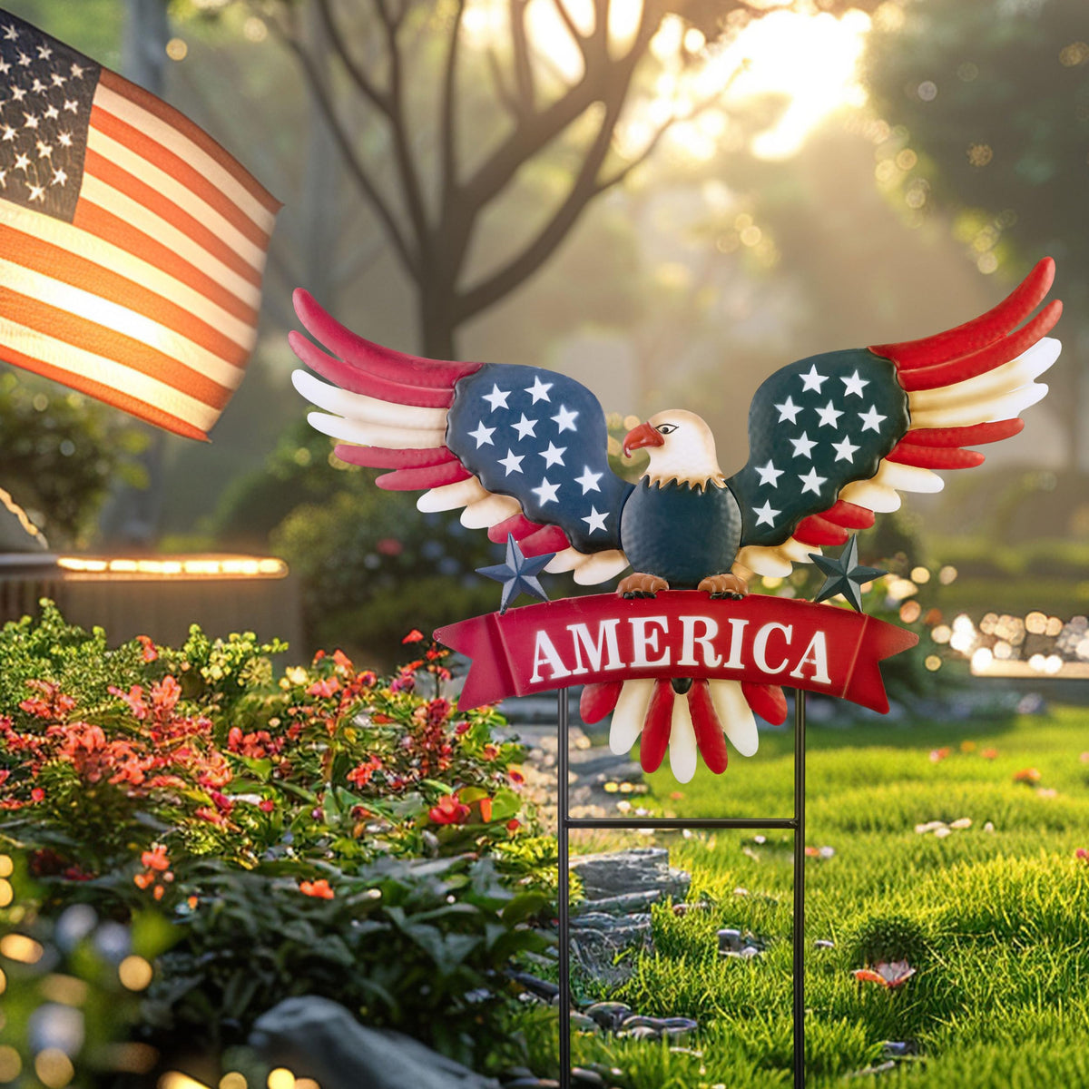 TERESA'S COLLECTIONS patriotic yard art featuring a mid-flight eagle