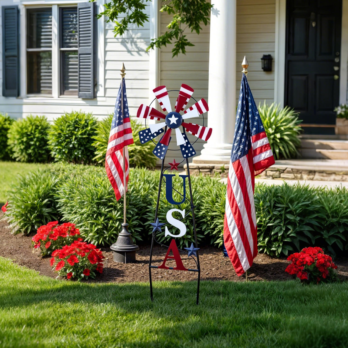TERESA'S COLLECTIONS wind spinner on patio display with USA motif