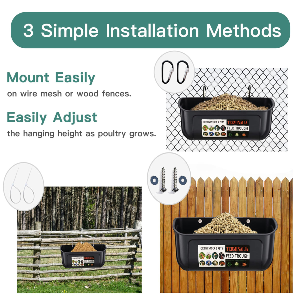 Terminalia two-pack chicken duck feeders with clips, zip ties, and screws included.