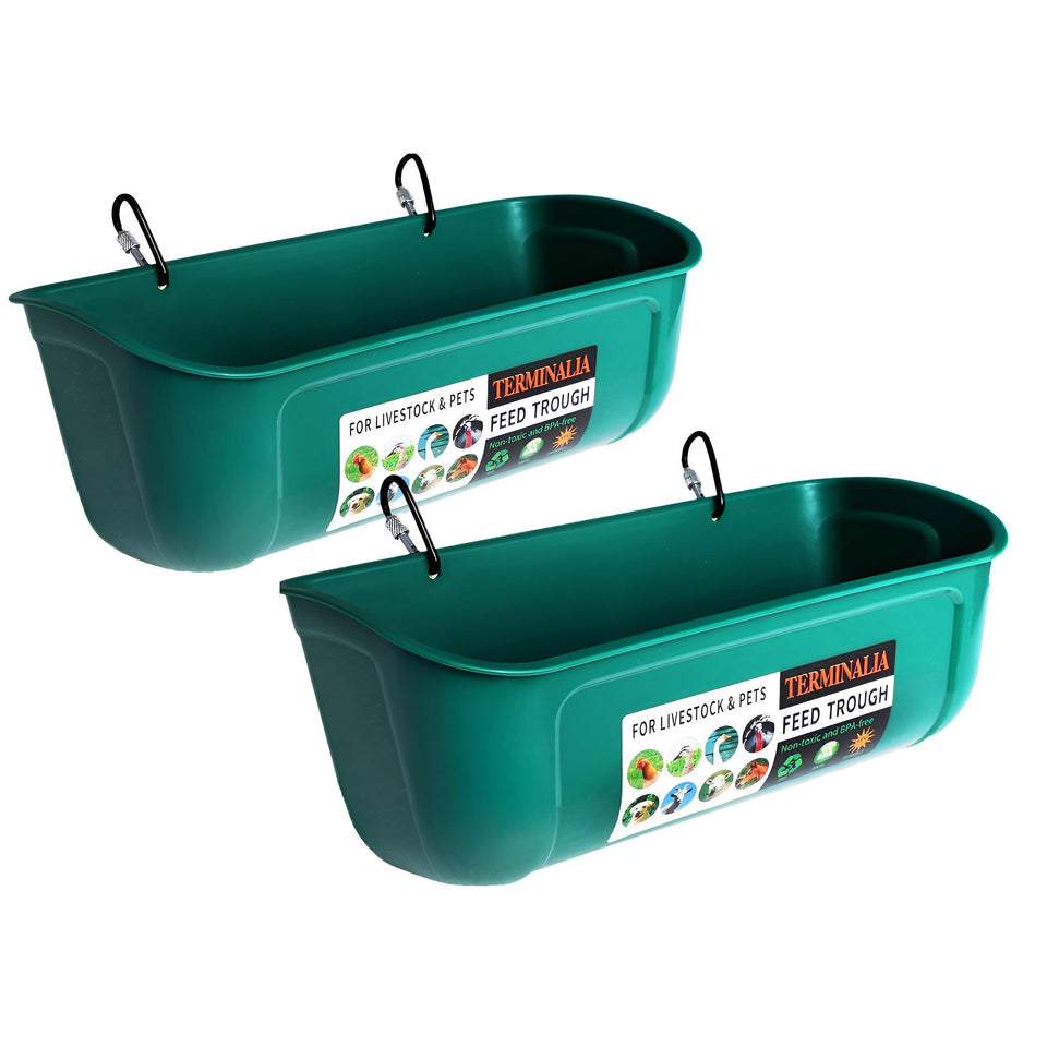 Terminalia hanging feeder and waterer demonstrates 2.6 qt capacity for backyard chickens.