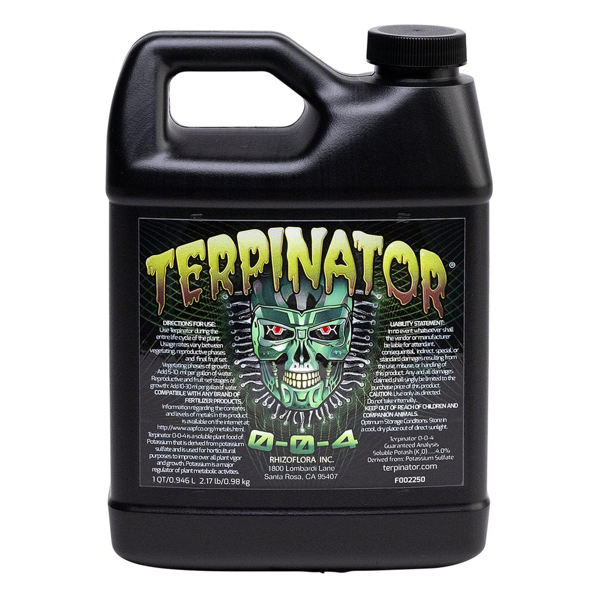 Terpinator liquid nutrients bottle closeup showcasing potassium-based formula for all growth stages.