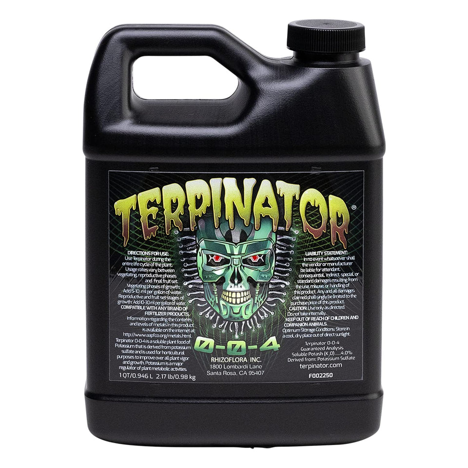 Terpinator liquid nutrients bottle closeup showcasing potassium-based formula for all growth stages.