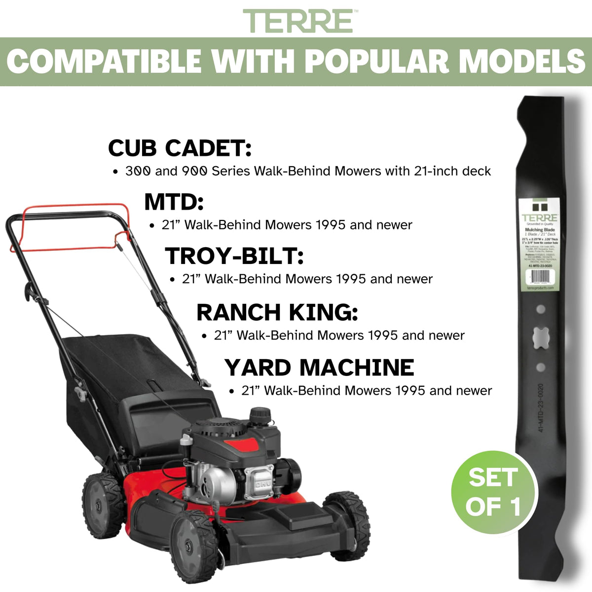 Terre bow-tie center hole ensures secure mounting on compatible walk-behind mowers