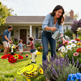 Terreva ladybug-pattern porch goose outfit creates cheerful garden mood.
