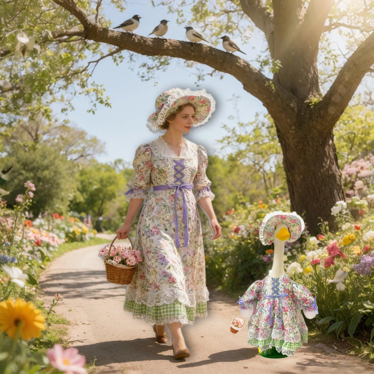 Terreva Spring Goose Outfit with daisy hat for a whimsical porch display.