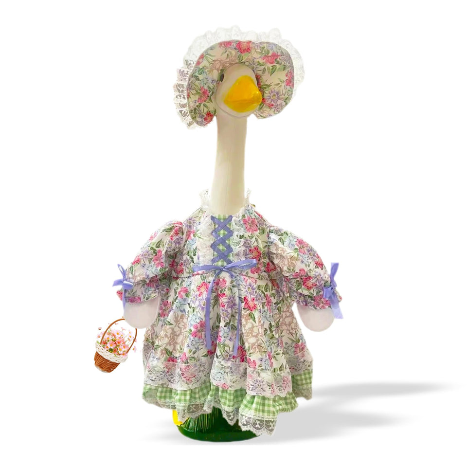 Terreva Spring Goose Outfit floral dress on a garden goose for charming yard decor.
