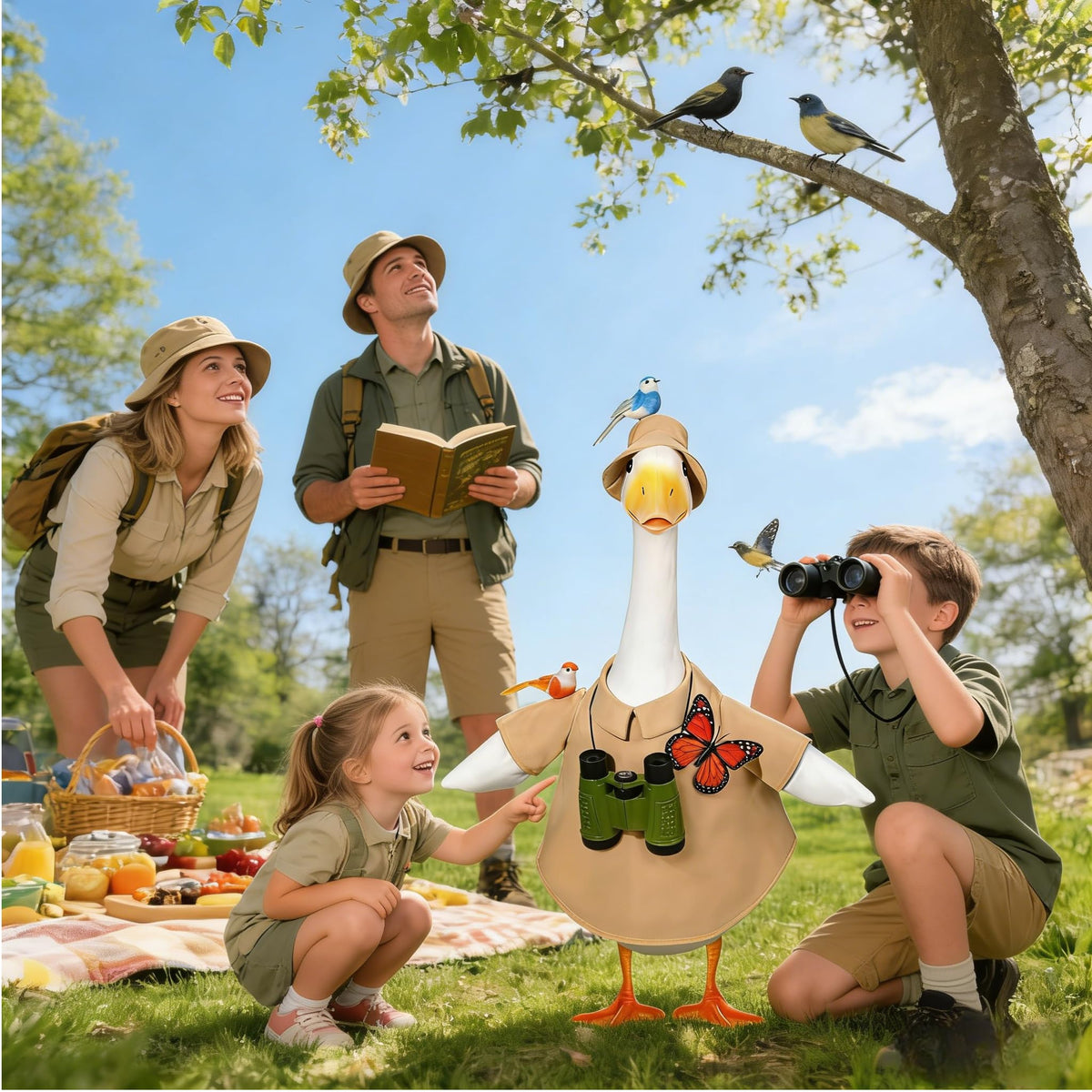 Terreva goose outfit sun hat provides playful shade in garden