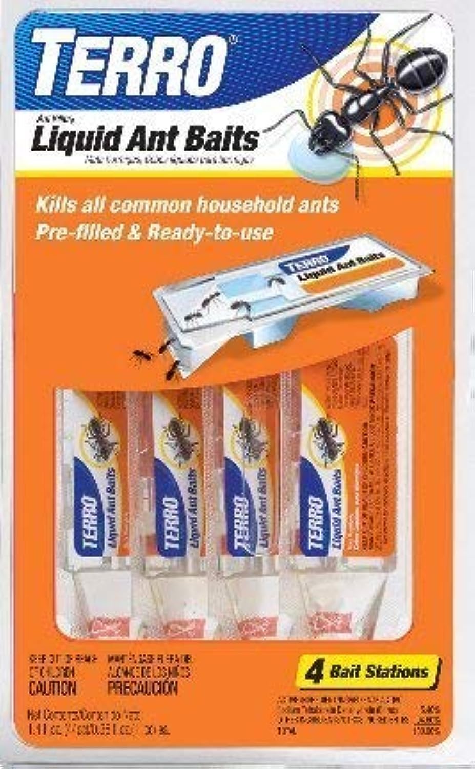 Terro 324 Ant Killer II liquid bait stations beside an ant trail help control common household ants indoors.