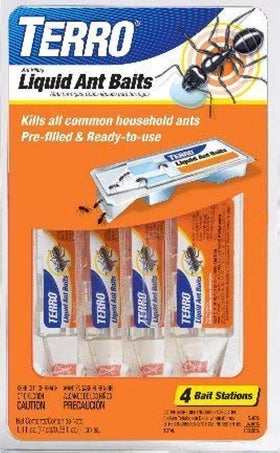 Terro 324 Ant Killer II liquid bait stations beside an ant trail help control common household ants indoors.