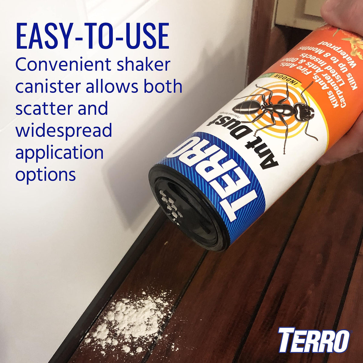 Terro Ant Dust being spread with shaker for easy, even coverage