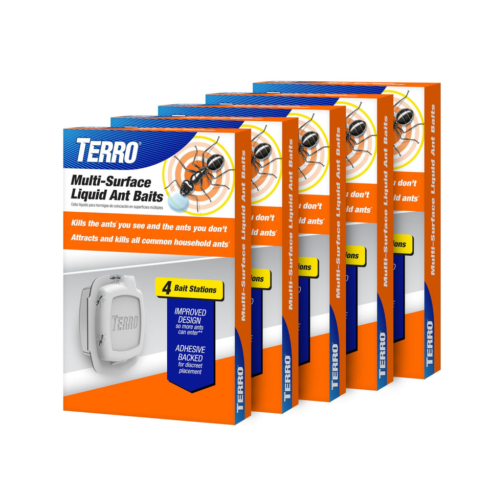 Terro indoor liquid ant bait with adhesive strips placed on a wall for discreet control.