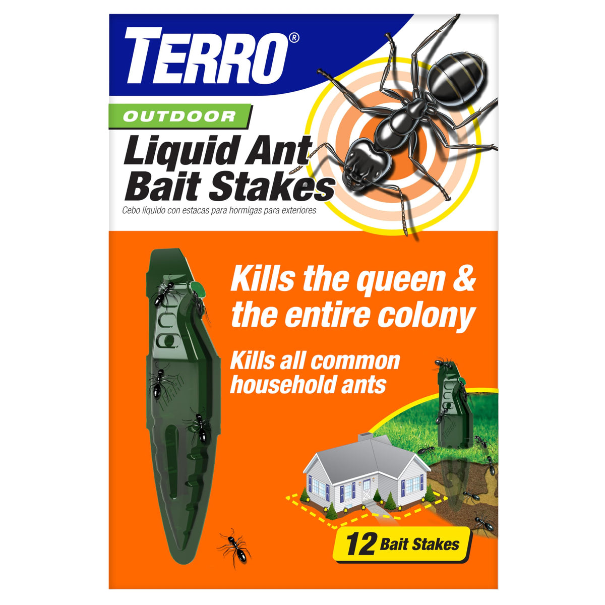 TERRO liquid ant bait stake inserted in soil to attract ants for outdoor control.