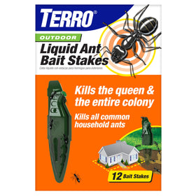 TERRO liquid ant bait stake inserted in soil to attract ants for outdoor control.
