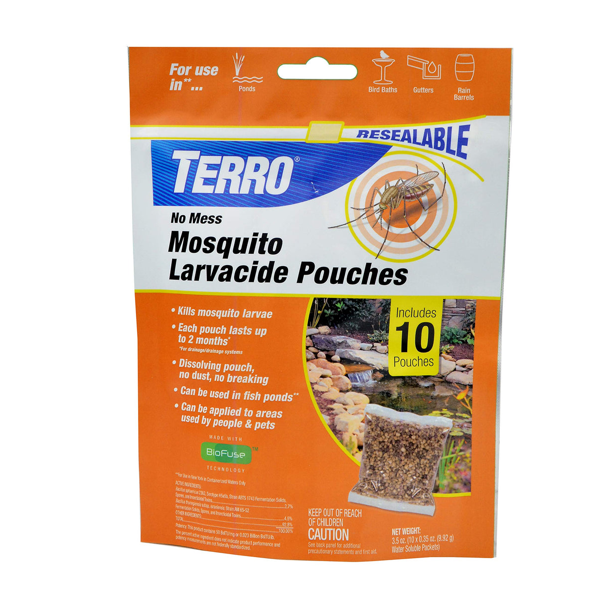 TERRO No Mess Mosquito Larvacide Pouches packaging shows easy to use, dust free design.