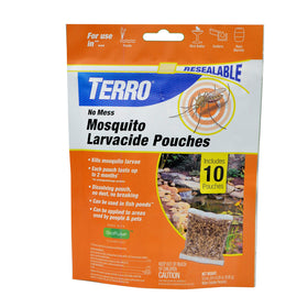 TERRO No Mess Mosquito Larvacide Pouches packaging shows easy to use, dust free design.