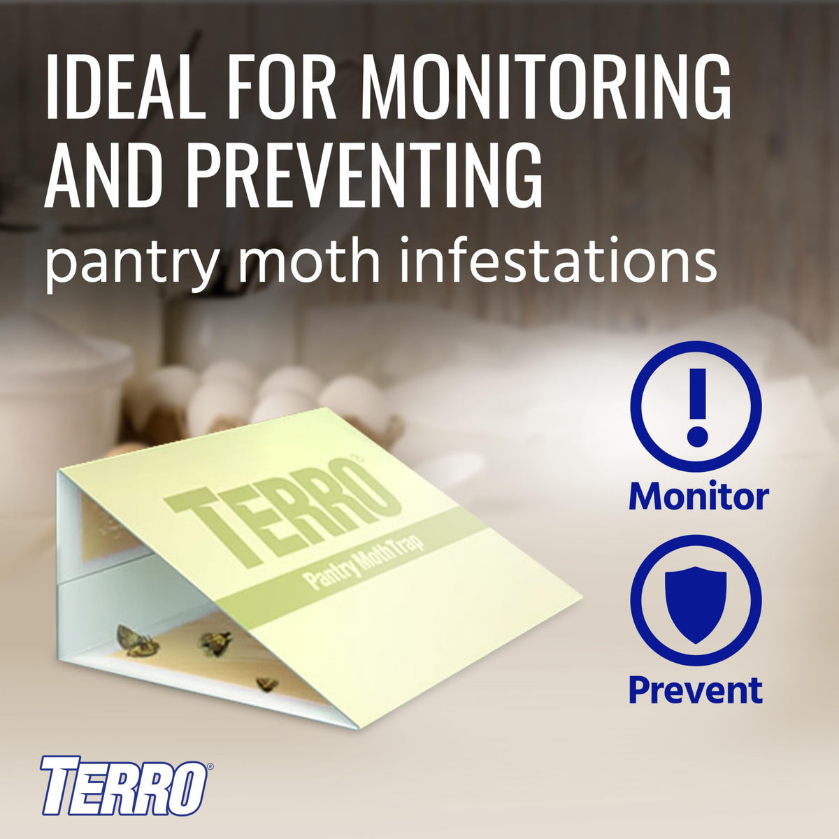 Terro pantry moth traps on a shelf for kitchen protection