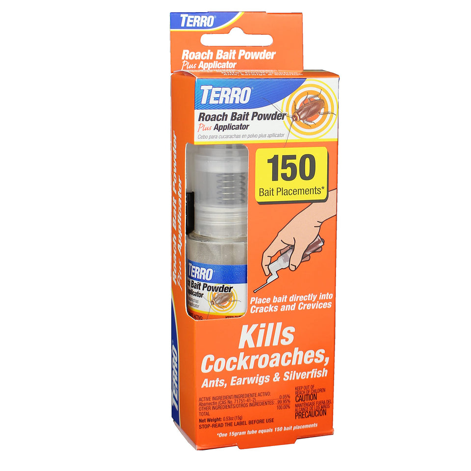 Terro Roach Bait Powder Plus Applicator demonstrates precise placement in cracks.