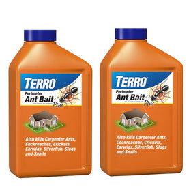 TERRO T2600 outdoor bait granules applied along the home perimeter for pest deterrence.