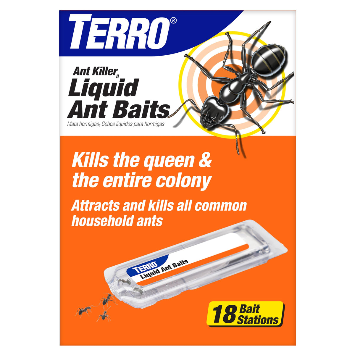 Terro T300-3SR liquid ant killer pack setup showing ready-to-use bait stations attract and kill ants