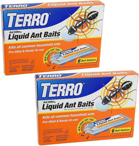 Terro T300 liquid ant baits 2-pack stations ready to use near baseboards.