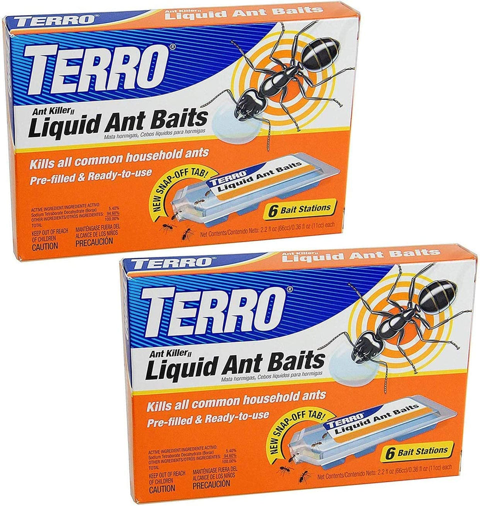 Terro T300 liquid ant baits 2-pack stations ready to use near baseboards.