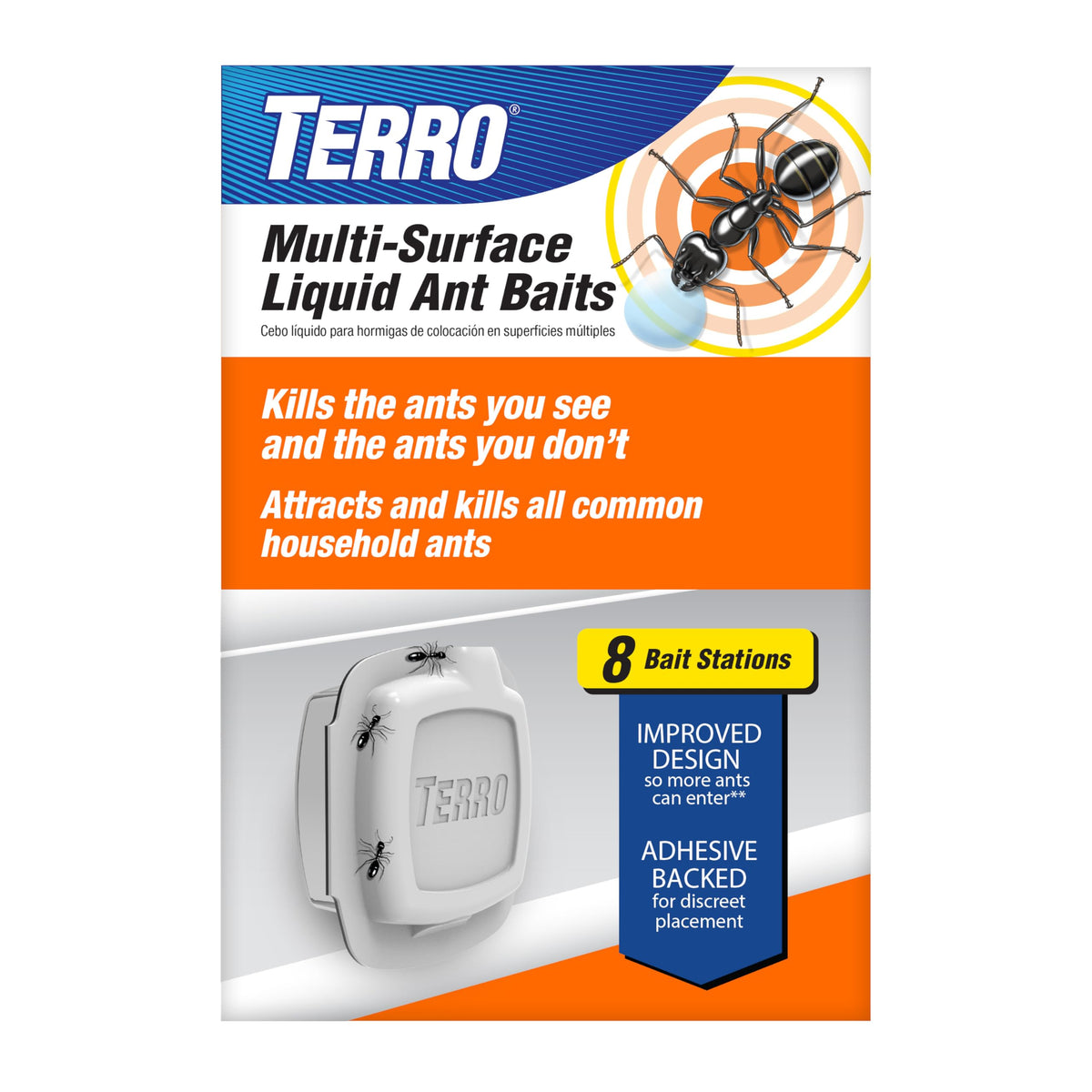 TERRO T334SR adhesive-strip wall placement for discreet ant control.
