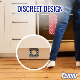 Terro T500SR bait station in kitchen area attracts roaches near food.