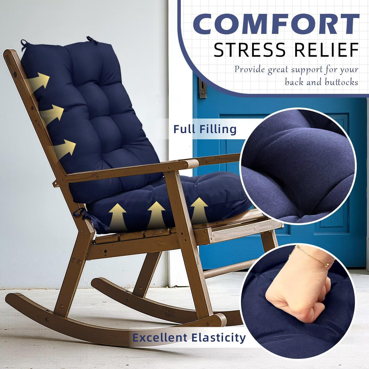 TESICA navy cushion with ties secures to chairs securely