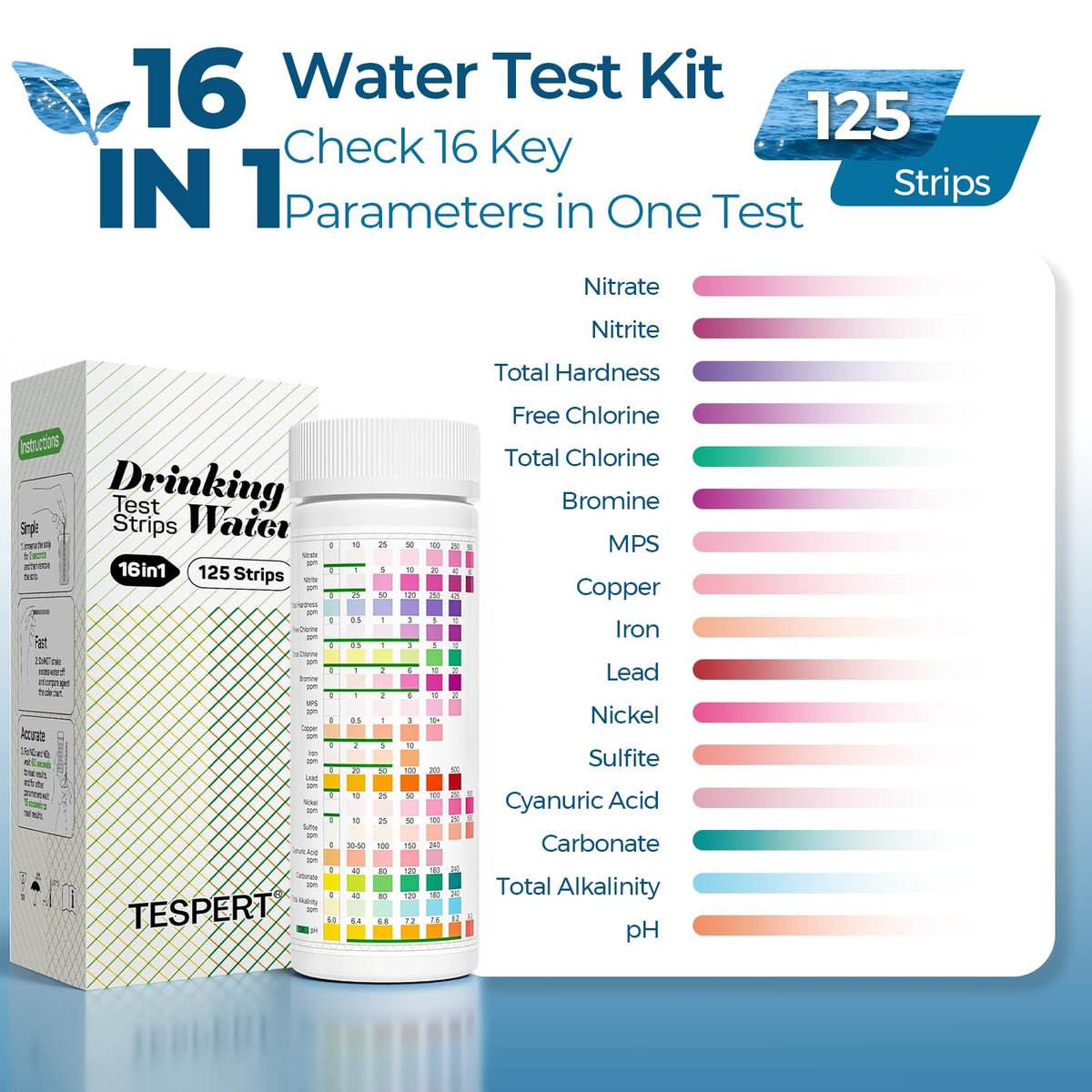 Tespert 16-parameter color chart for quick water quality assessment