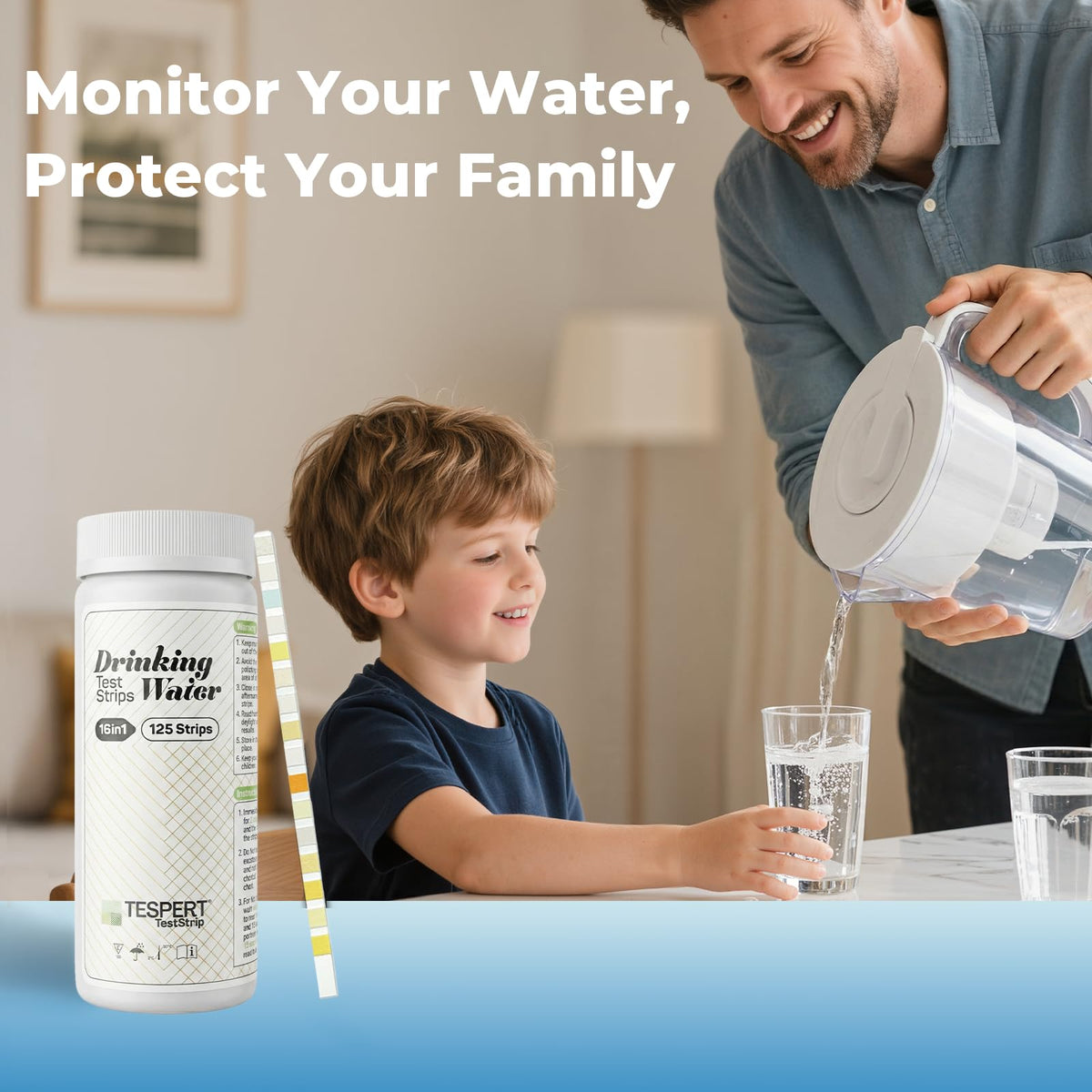 Tespert user dipping strip into water sample for rapid testing