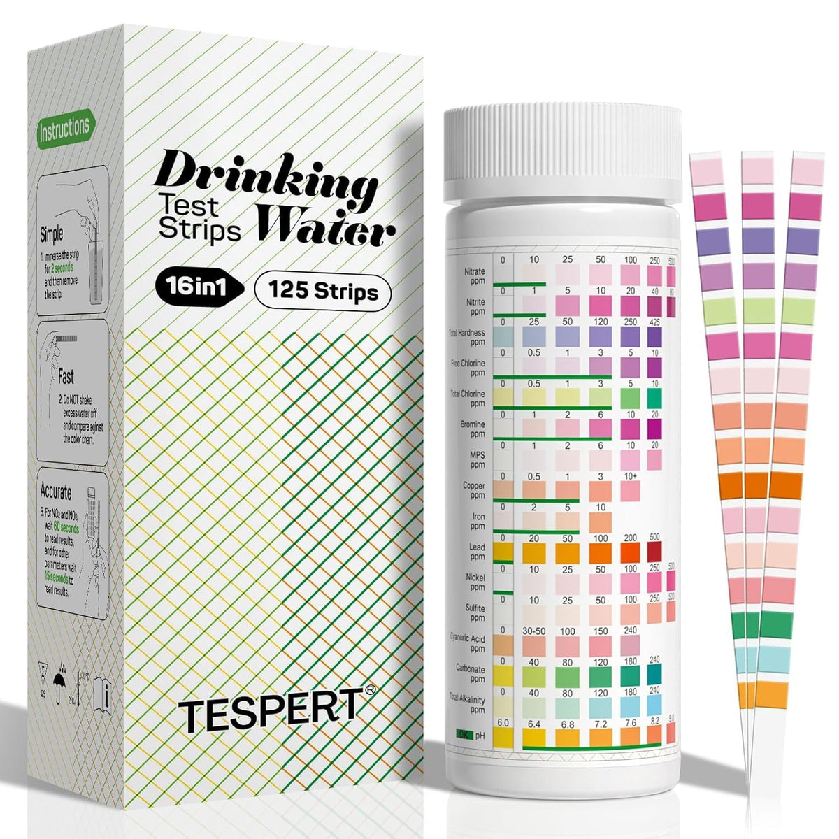 Tespert drinking water test strips in a 125-count bottle for home screening