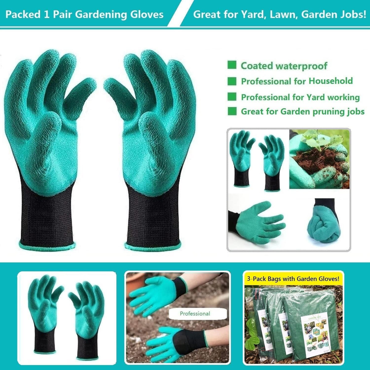 Tespher packaging shows gloves paired with bags for yard cleanup.