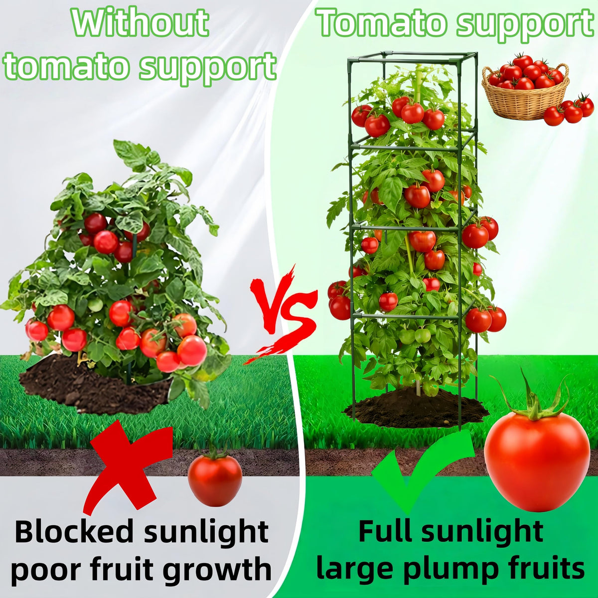 TESSTSY 59 inch tall square cage stabilizes tomatoes, cucumbers, and peppers in the garden.