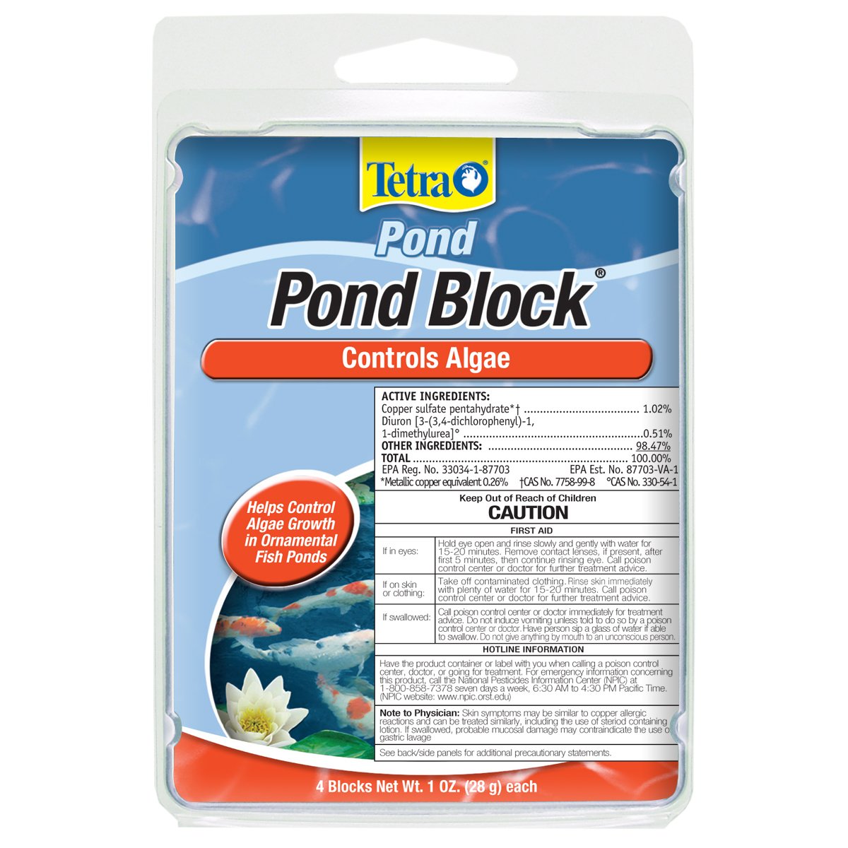 Tetra Pond Block 4-count pack on pond edge showing algae control.