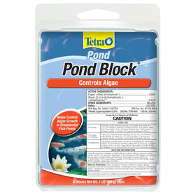 Tetra Pond Block 4-count pack on pond edge showing algae control.