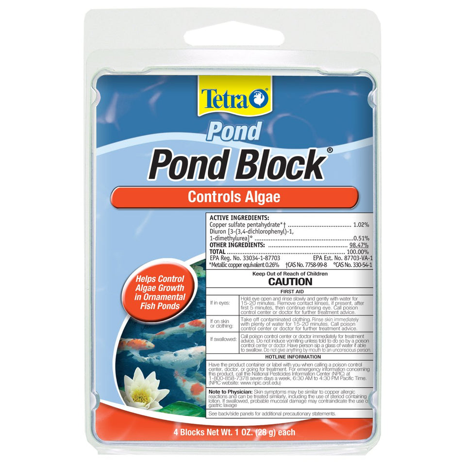 Tetra Pond Block 4-count pack on pond edge showing algae control.
