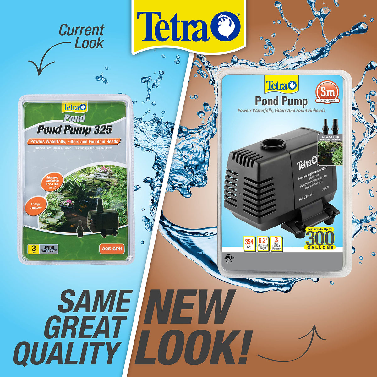 TetraPond pump with fountain-head attachment for decorative spray.