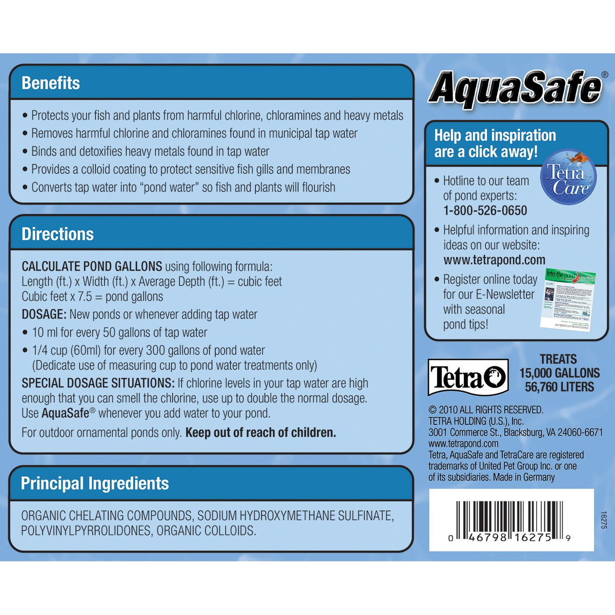 Close-up of TetraPond AquaSafe label showing dechlorination and metal binding.