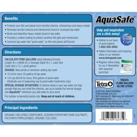 Close-up of TetraPond AquaSafe label showing dechlorination and metal binding.
