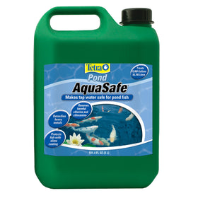 TetraPond AquaSafe bottle being poured into pond water for dechlorination.