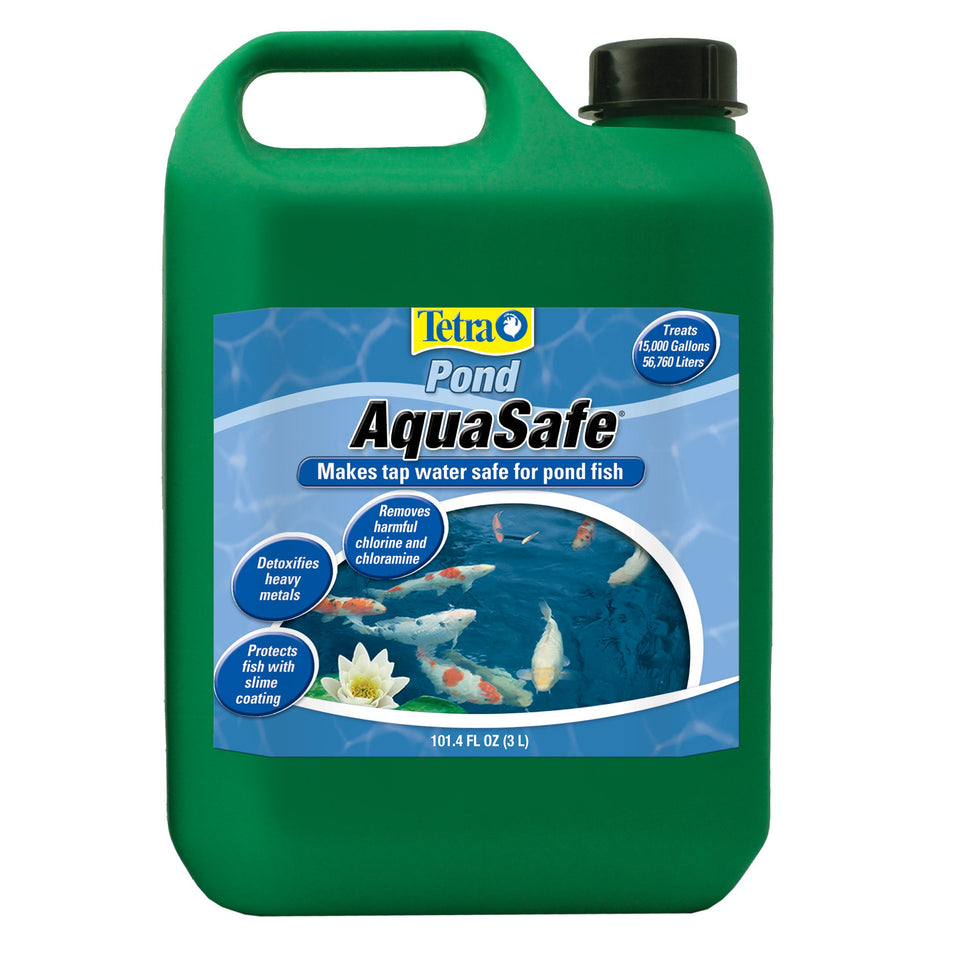 TetraPond AquaSafe bottle being poured into pond water for dechlorination.