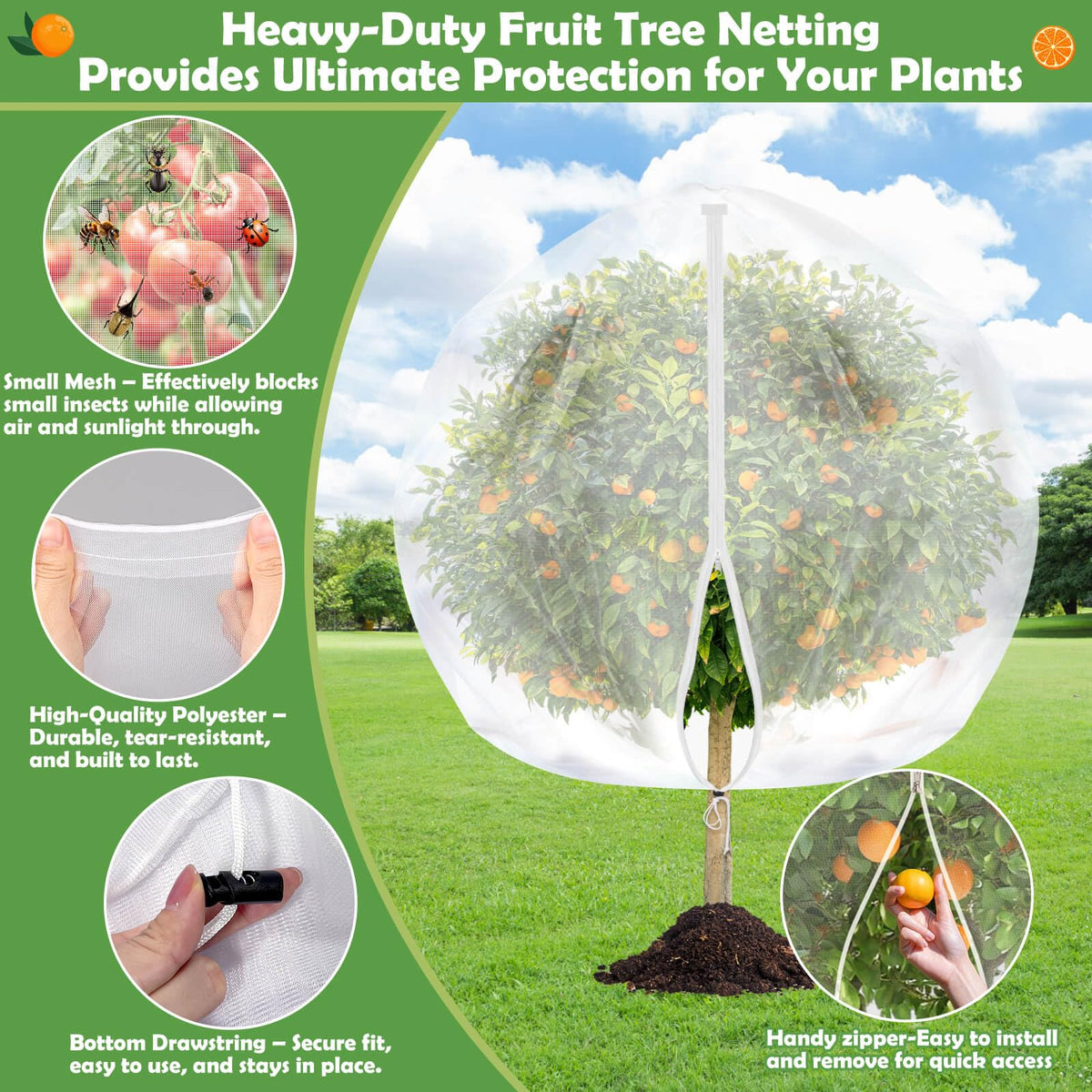 Tetutor three-pack nets ready to protect multiple trees in a row.