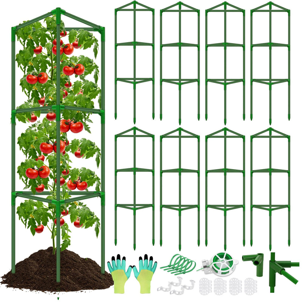 Tetutor 8-pack tomato cages provide durable garden support for climbing plants.