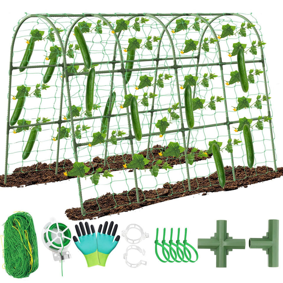 Tetutor cucumber trellis arch shows easy assembly for raised beds