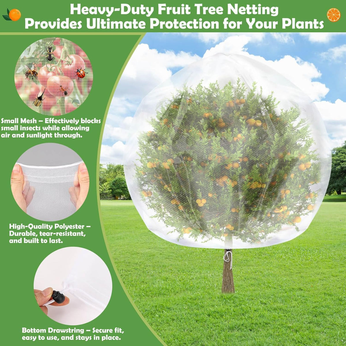 Tetutor drawstring adjustment closeup demonstrates easy securing without harming plant growth.