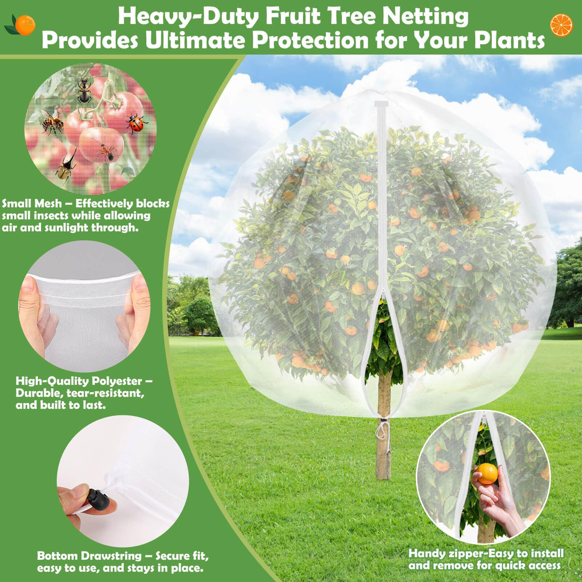 Tetutor netting with zipper enables pruning and harvesting without removing the cover